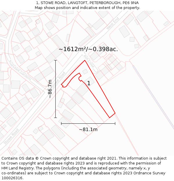 1, STOWE ROAD, LANGTOFT, PETERBOROUGH, PE6 9NA: Plot and title map