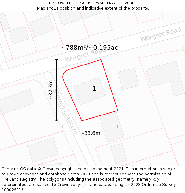 1, STOWELL CRESCENT, WAREHAM, BH20 4PT: Plot and title map