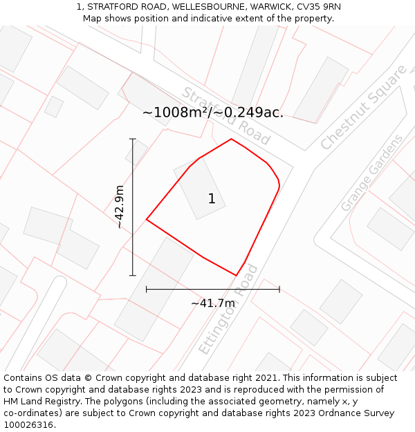 1, STRATFORD ROAD, WELLESBOURNE, WARWICK, CV35 9RN: Plot and title map
