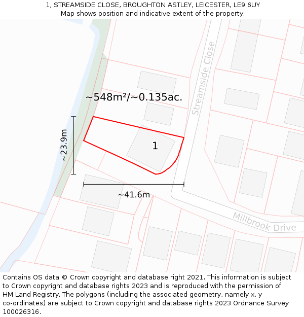 1, STREAMSIDE CLOSE, BROUGHTON ASTLEY, LEICESTER, LE9 6UY: Plot and title map