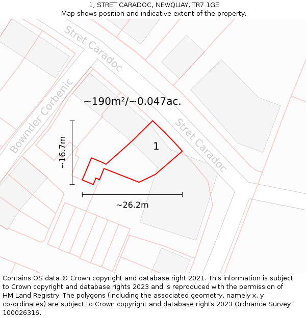 1, STRET CARADOC, NEWQUAY, TR7 1GE: Plot and title map