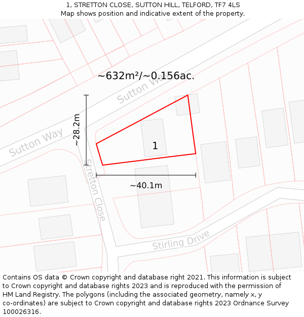 1, STRETTON CLOSE, SUTTON HILL, TELFORD, TF7 4LS: Plot and title map