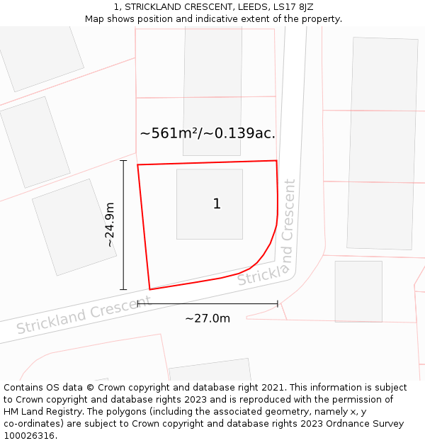 1, STRICKLAND CRESCENT, LEEDS, LS17 8JZ: Plot and title map