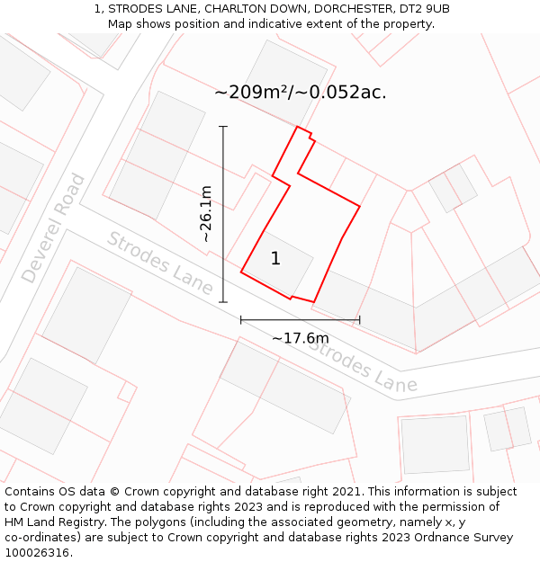 1, STRODES LANE, CHARLTON DOWN, DORCHESTER, DT2 9UB: Plot and title map