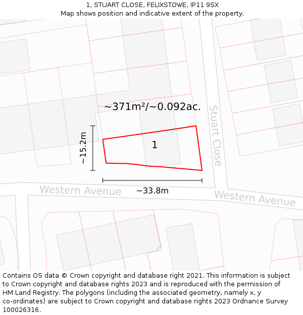 1, STUART CLOSE, FELIXSTOWE, IP11 9SX: Plot and title map