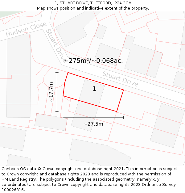 1, STUART DRIVE, THETFORD, IP24 3GA: Plot and title map