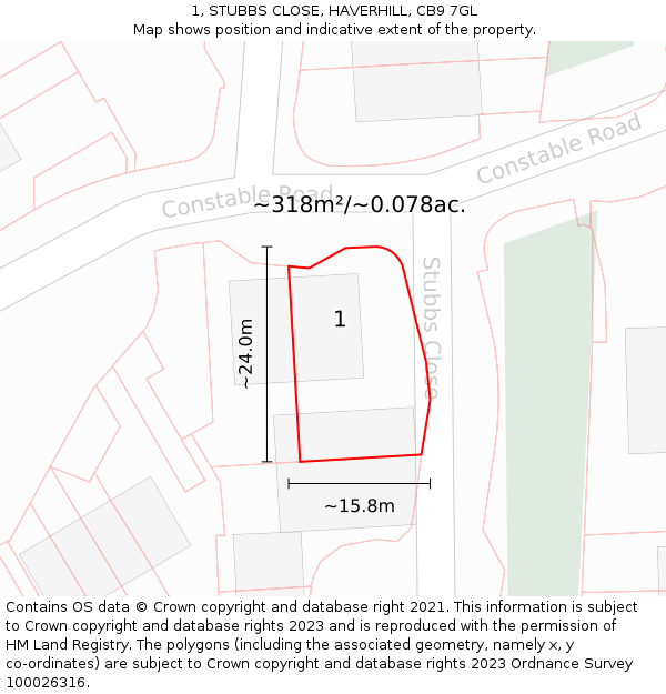 1, STUBBS CLOSE, HAVERHILL, CB9 7GL: Plot and title map