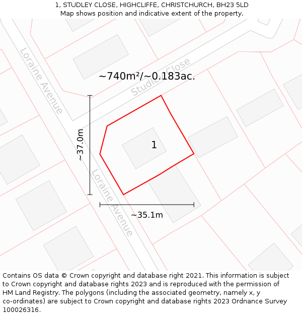 1, STUDLEY CLOSE, HIGHCLIFFE, CHRISTCHURCH, BH23 5LD: Plot and title map