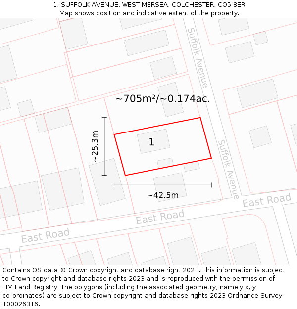 1, SUFFOLK AVENUE, WEST MERSEA, COLCHESTER, CO5 8ER: Plot and title map