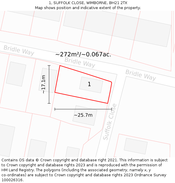 1, SUFFOLK CLOSE, WIMBORNE, BH21 2TX: Plot and title map