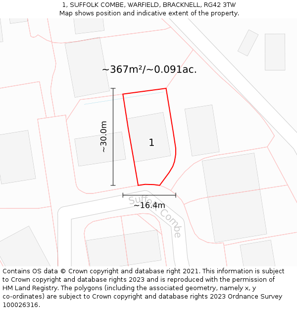 1, SUFFOLK COMBE, WARFIELD, BRACKNELL, RG42 3TW: Plot and title map