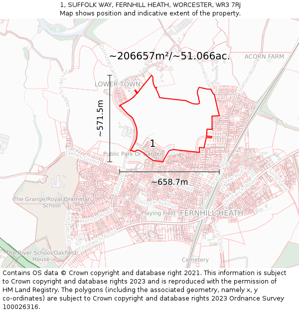 1, SUFFOLK WAY, FERNHILL HEATH, WORCESTER, WR3 7RJ: Plot and title map