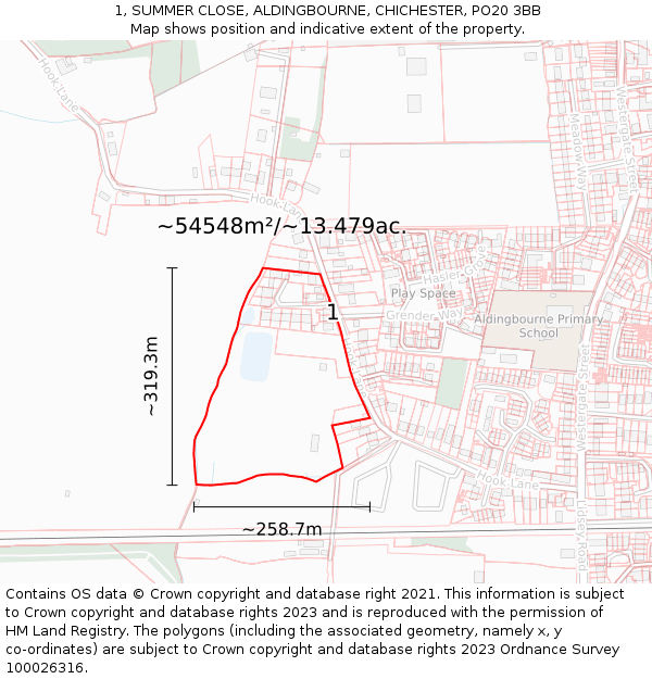 1, SUMMER CLOSE, ALDINGBOURNE, CHICHESTER, PO20 3BB: Plot and title map