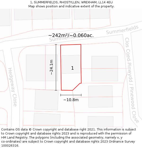 1, SUMMERFIELDS, RHOSTYLLEN, WREXHAM, LL14 4EU: Plot and title map