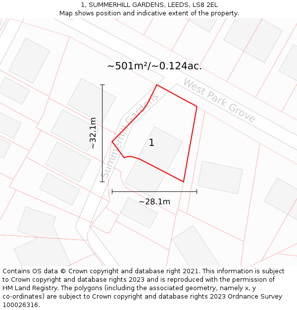 1, SUMMERHILL GARDENS, LEEDS, LS8 2EL: Plot and title map