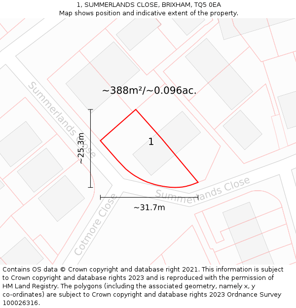 1, SUMMERLANDS CLOSE, BRIXHAM, TQ5 0EA: Plot and title map