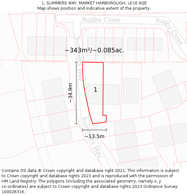 1, SUMMERS WAY, MARKET HARBOROUGH, LE16 9QE: Plot and title map