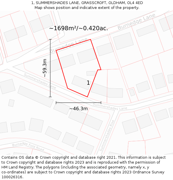 1, SUMMERSHADES LANE, GRASSCROFT, OLDHAM, OL4 4ED: Plot and title map