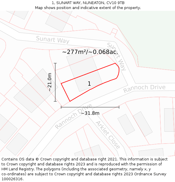 1, SUNART WAY, NUNEATON, CV10 9TB: Plot and title map