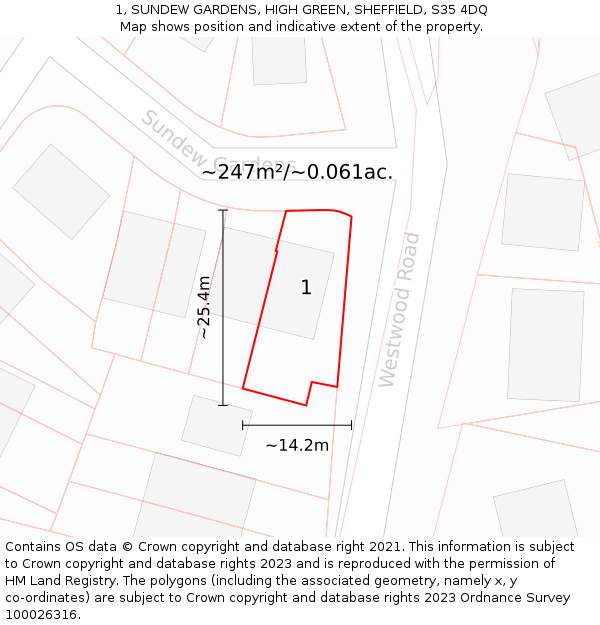 1, SUNDEW GARDENS, HIGH GREEN, SHEFFIELD, S35 4DQ: Plot and title map