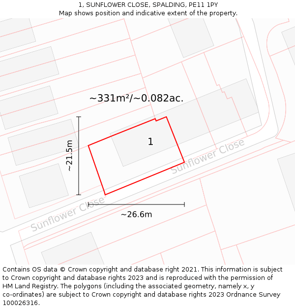 1, SUNFLOWER CLOSE, SPALDING, PE11 1PY: Plot and title map