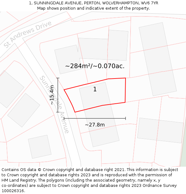 1, SUNNINGDALE AVENUE, PERTON, WOLVERHAMPTON, WV6 7YR: Plot and title map