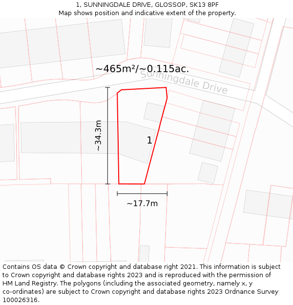 1, SUNNINGDALE DRIVE, GLOSSOP, SK13 8PF: Plot and title map