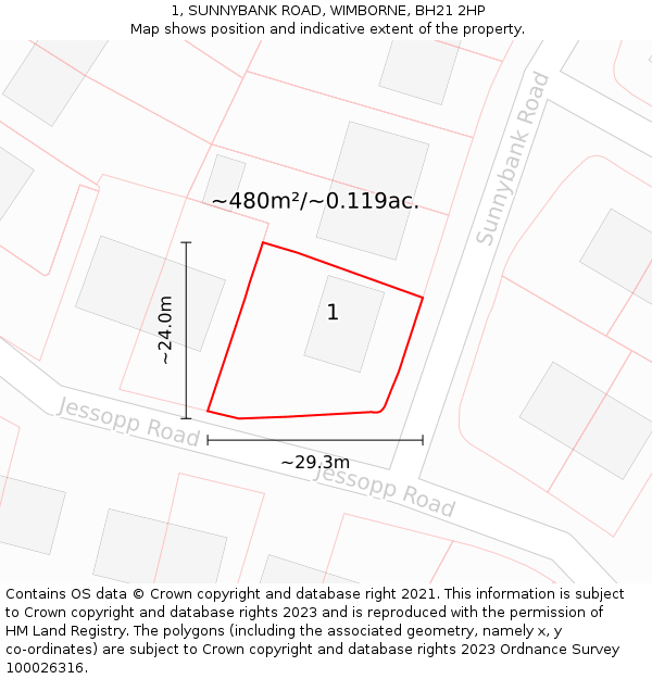 1, SUNNYBANK ROAD, WIMBORNE, BH21 2HP: Plot and title map