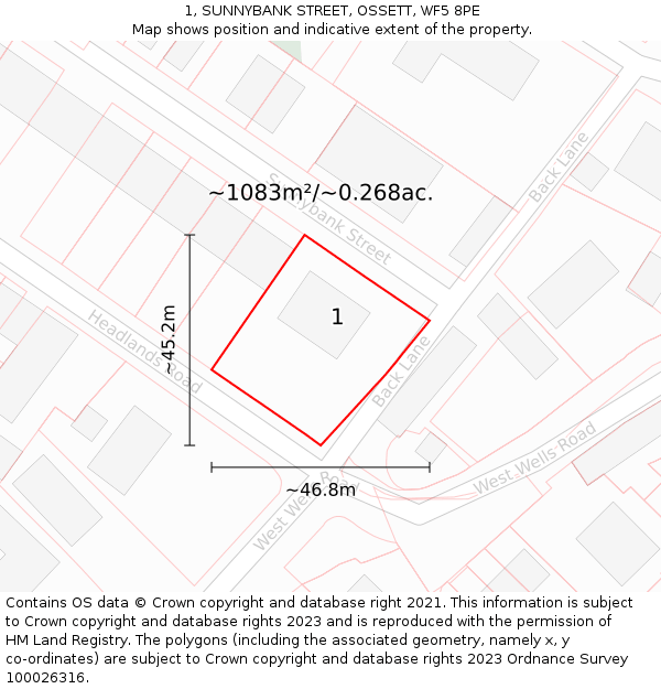 1, SUNNYBANK STREET, OSSETT, WF5 8PE: Plot and title map
