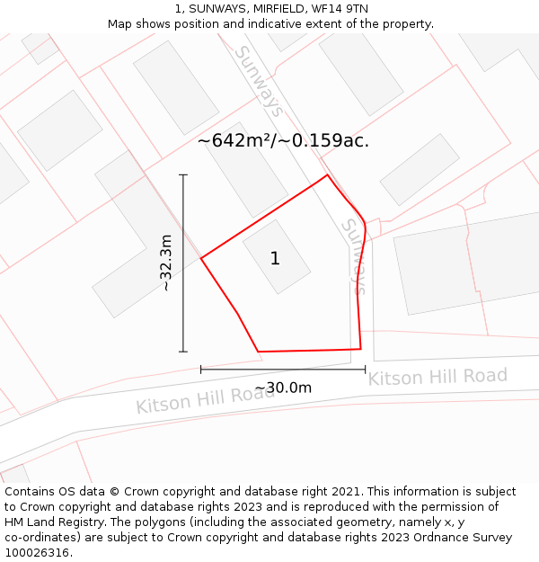 1, SUNWAYS, MIRFIELD, WF14 9TN: Plot and title map