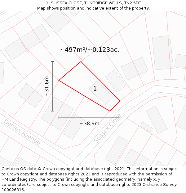 1, SUSSEX CLOSE, TUNBRIDGE WELLS, TN2 5DT: Plot and title map