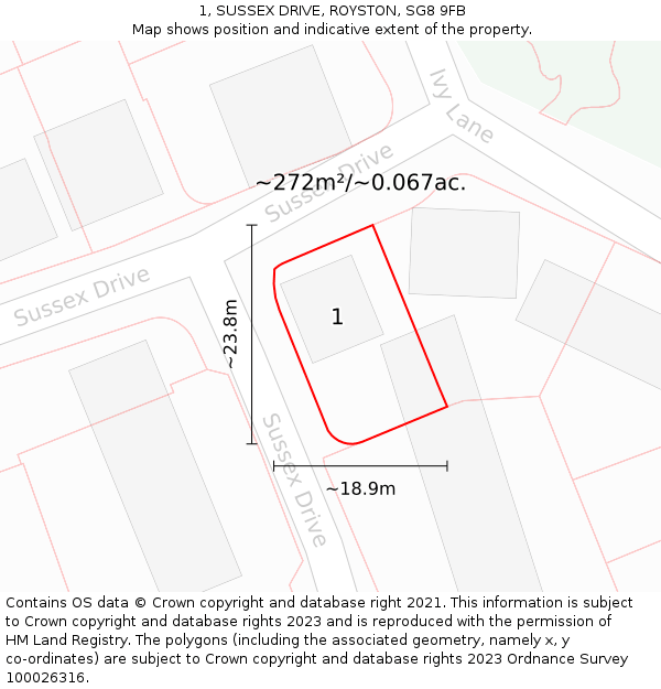 1, SUSSEX DRIVE, ROYSTON, SG8 9FB: Plot and title map