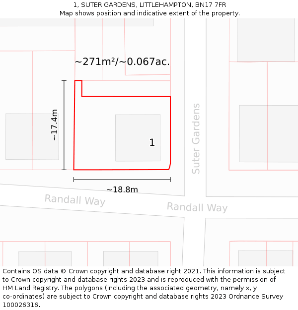 1, SUTER GARDENS, LITTLEHAMPTON, BN17 7FR: Plot and title map