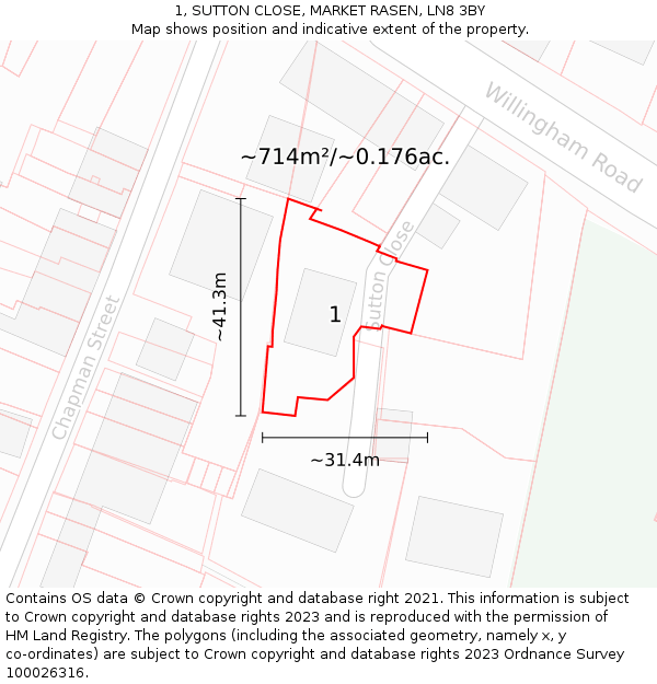 1, SUTTON CLOSE, MARKET RASEN, LN8 3BY: Plot and title map