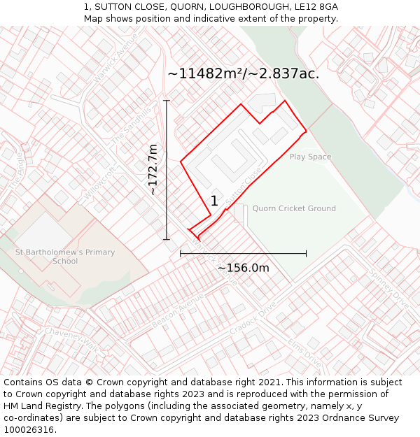 1, SUTTON CLOSE, QUORN, LOUGHBOROUGH, LE12 8GA: Plot and title map