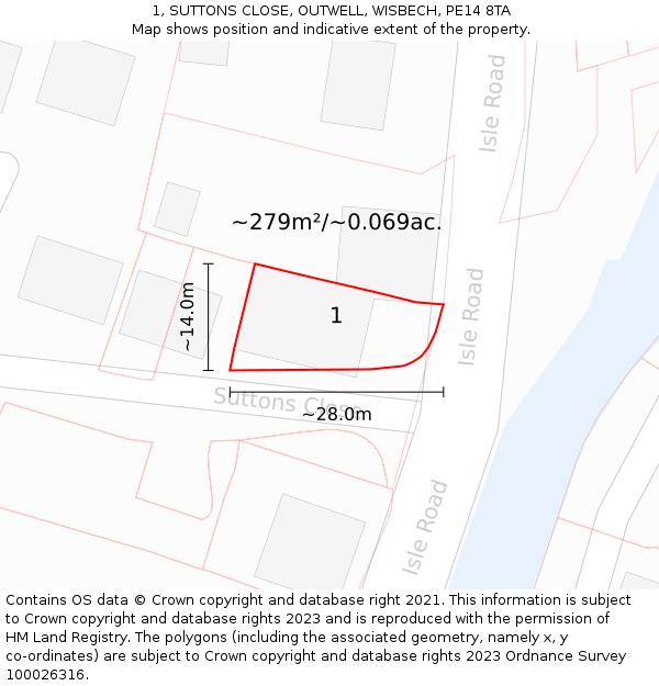 1, SUTTONS CLOSE, OUTWELL, WISBECH, PE14 8TA: Plot and title map