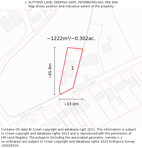 1, SUTTONS LANE, DEEPING GATE, PETERBOROUGH, PE6 9AA: Plot and title map