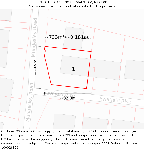 1, SWAFIELD RISE, NORTH WALSHAM, NR28 0DF: Plot and title map