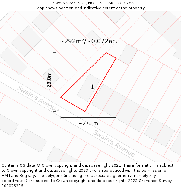 1, SWAINS AVENUE, NOTTINGHAM, NG3 7AS: Plot and title map