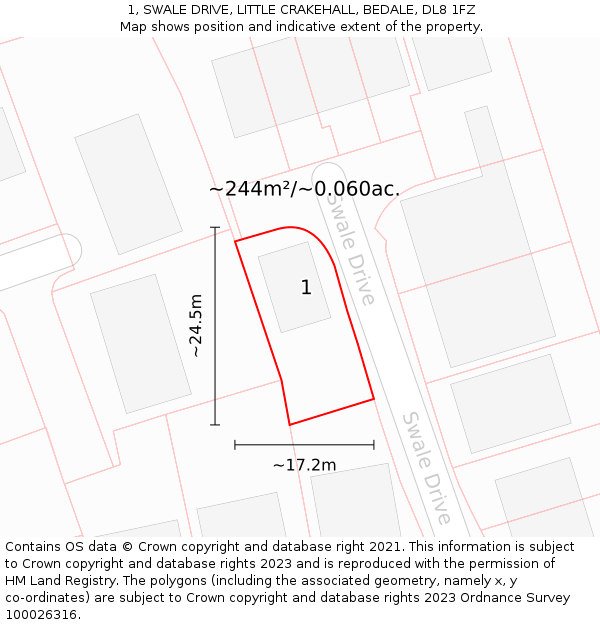 1, SWALE DRIVE, LITTLE CRAKEHALL, BEDALE, DL8 1FZ: Plot and title map
