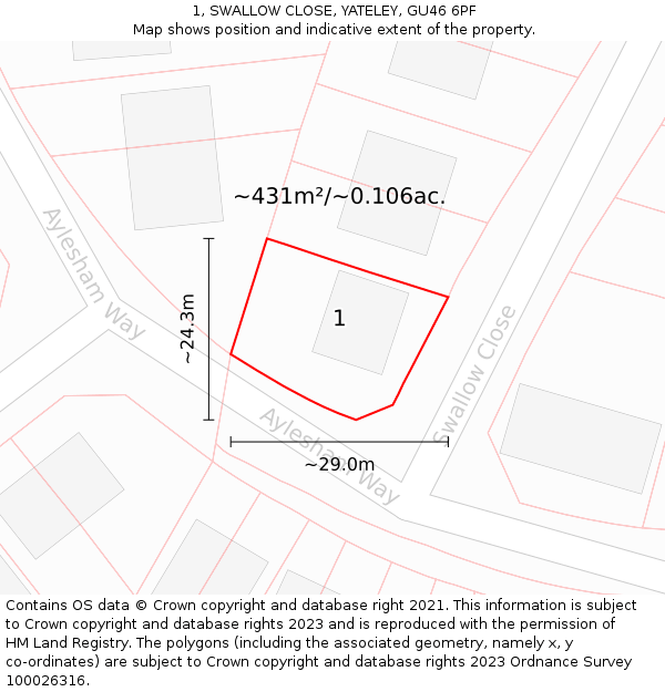 1, SWALLOW CLOSE, YATELEY, GU46 6PF: Plot and title map