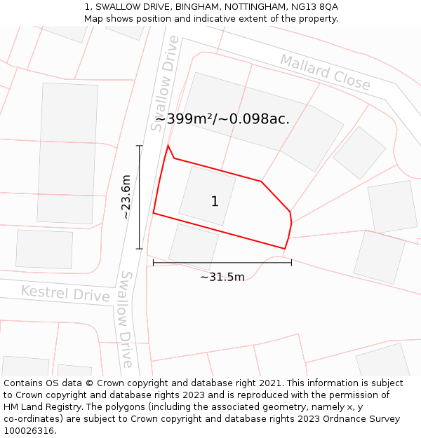 1, SWALLOW DRIVE, BINGHAM, NOTTINGHAM, NG13 8QA: Plot and title map