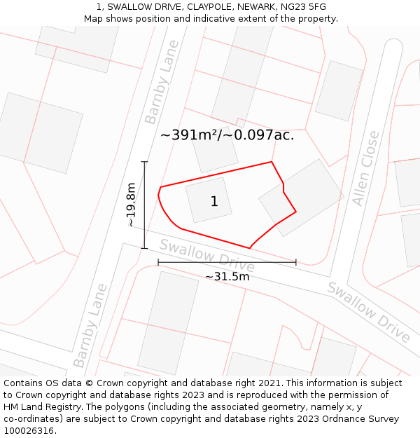 1, SWALLOW DRIVE, CLAYPOLE, NEWARK, NG23 5FG: Plot and title map