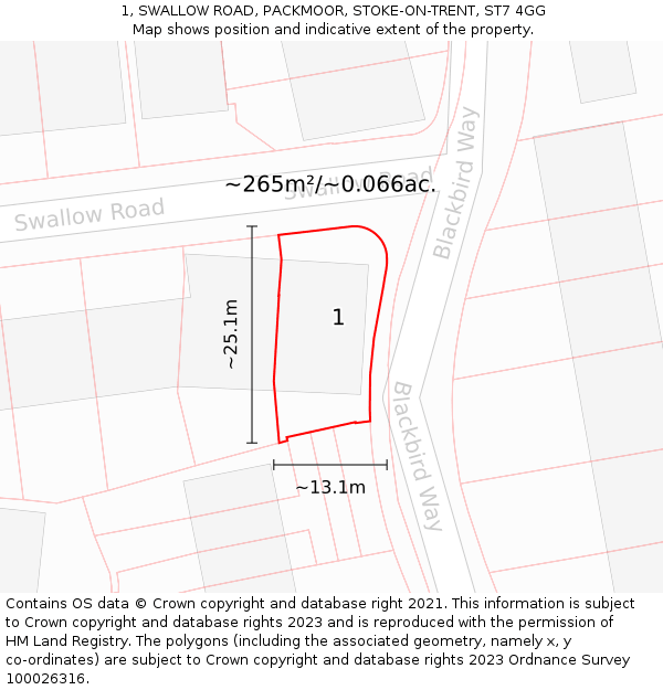 1, SWALLOW ROAD, PACKMOOR, STOKE-ON-TRENT, ST7 4GG: Plot and title map