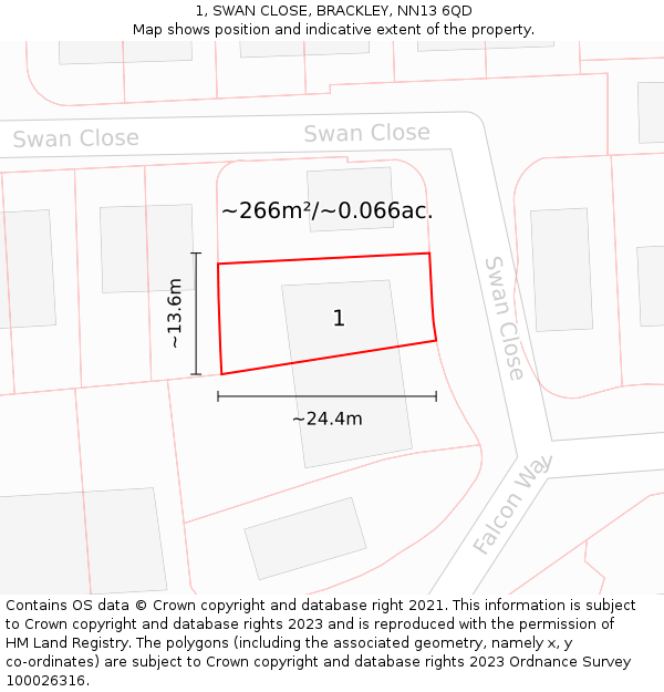 1, SWAN CLOSE, BRACKLEY, NN13 6QD: Plot and title map