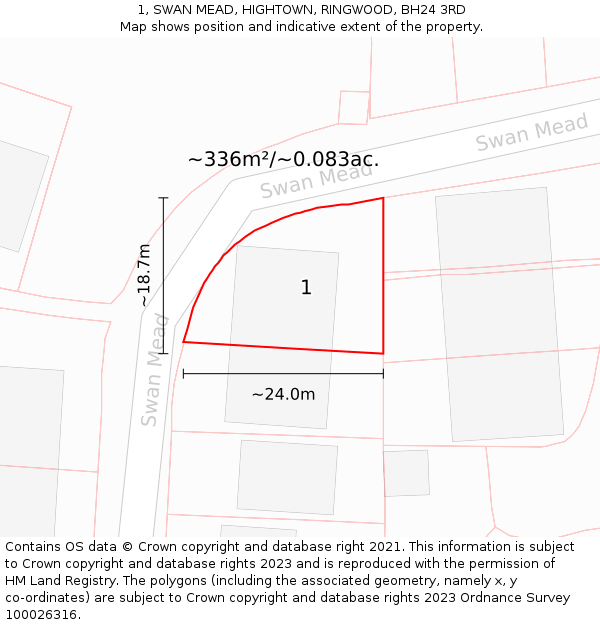 1, SWAN MEAD, HIGHTOWN, RINGWOOD, BH24 3RD: Plot and title map