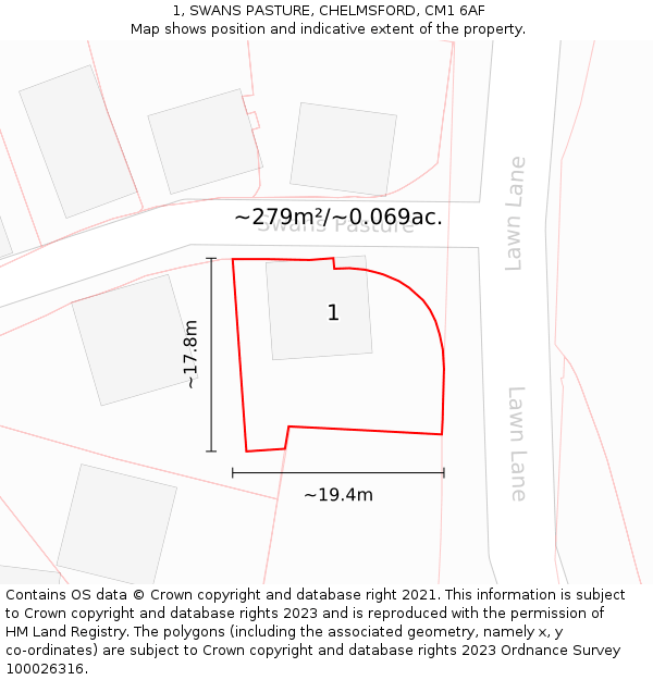 1, SWANS PASTURE, CHELMSFORD, CM1 6AF: Plot and title map