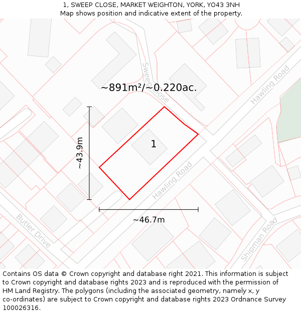 1, SWEEP CLOSE, MARKET WEIGHTON, YORK, YO43 3NH: Plot and title map