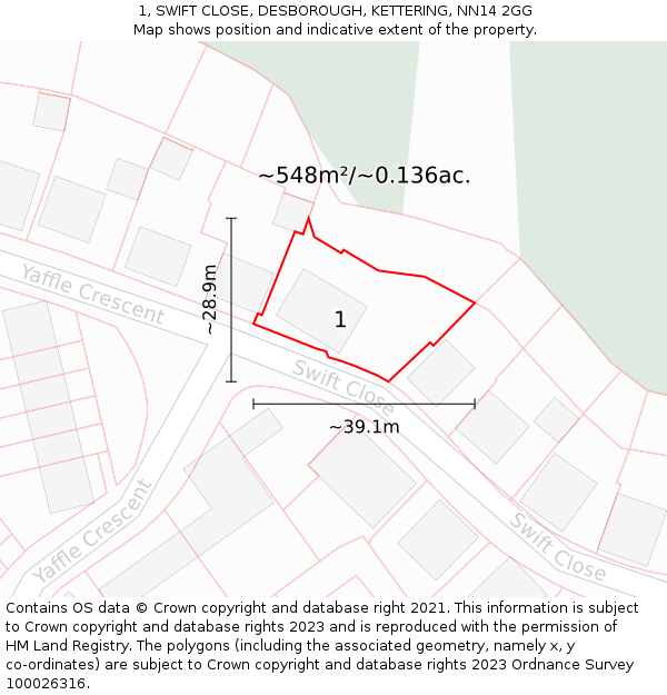 1, SWIFT CLOSE, DESBOROUGH, KETTERING, NN14 2GG: Plot and title map
