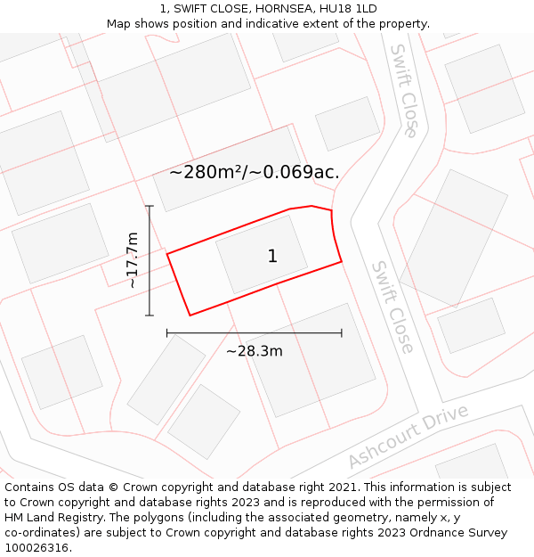1, SWIFT CLOSE, HORNSEA, HU18 1LD: Plot and title map